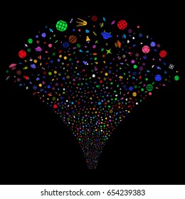 Space Technology Symbols salute stream. Vector illustration style is flat bright multicolored iconic symbols on a black background. Object stream fountain constructed from random symbols.