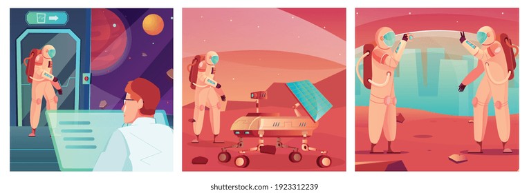 Space tecnhology set of square compositions with extraterrestrial landscapes rover with astronauts and mission controller characters vector illustration