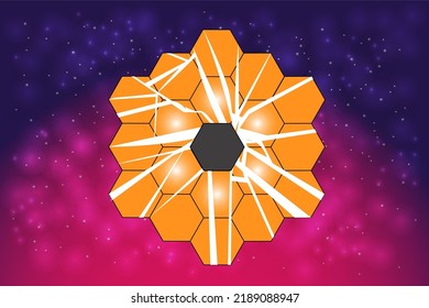 Space telescope broken mirror somewhere in extreme deep outer space. Science fiction wallpaper. Vector illustration.