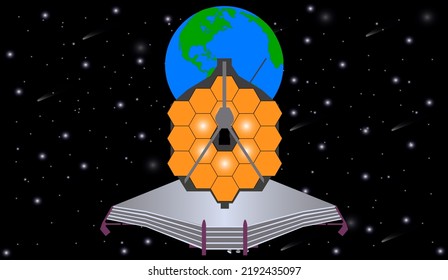 Space telescope close up in outer space near blue planet Earth. Vector illustration. Elements of this image were furnished by NASA.