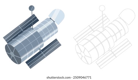 Weltraumteleskop in Farbe und Weiß mit schwarzem Umriss auf weißem Hintergrund. Astronomische Vektorgrafik für Kindermalbuch.