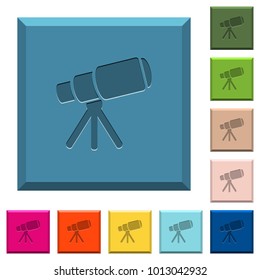 Space telescope engraved icons on edged square buttons in various trendy colors