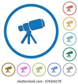 Space telescope flat color vector icons with shadows in round outlines on white background