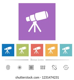 Space telescope flat white icons in square backgrounds. 6 bonus icons included.