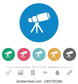 Space telescope flat white icons on round color backgrounds. 6 bonus icons included.