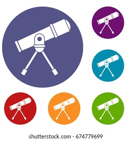 Space telescope icons set in flat circle reb, blue and green color for web
