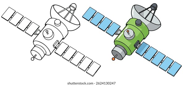 Space Telescope Line Art Vector Outline Illustration Black and White with Coloring Sample