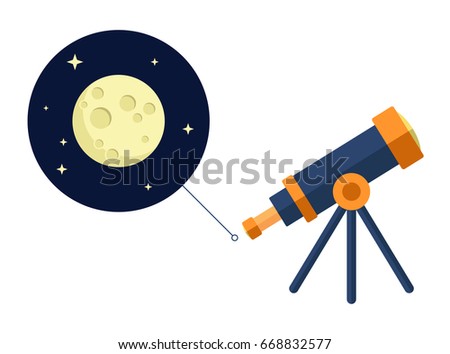 Space telescope looking at moon and stars - vector flat icon - astronomy