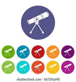 Space telescope set icons in different colors isolated on white background
