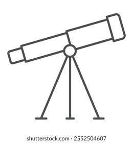 Icono de línea delgada del telescopio espacial, concepto de observación Cosmos. Gráficos de Vector. Signo del trípode del telescopio en el fondo blanco, icono del estilo del contorno para el móvil o el Diseño web