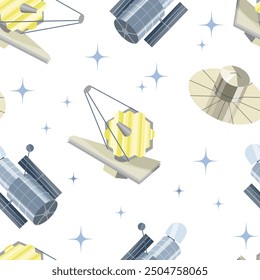 Space telescopes on white background with stars. Seamless pattern for wrapping paper, school supplies, fabric. Vector illustration.