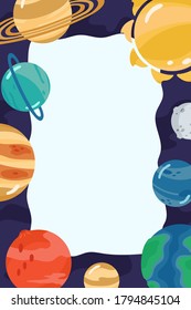 Space template with planets and copy space for your text in cartoon style. Cute frame for design kids room. Vector illustration