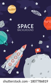 Space template with rocket, planets and copy space for your text in cartoon style. Cute concept for kids print. Illustration for design kids room. Vector