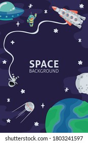 Space template with rocket, planets, cosmonaut and copy space for your text in cartoon style. Cute concept for kids print. Illustration for design kids room postcard, textiles. Vector