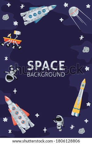 Space template with rocket, planets, cosmonaut and copy space for your text in cartoon style. Cute concept for kids print. Illustration for design kids room postcard, textiles. Vector