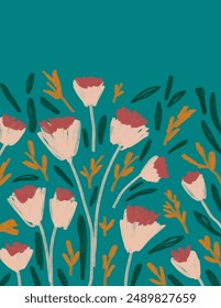 Space for text, copy space of Beautiful Pink flowers and leaves patterns on green background for branding package, fabric print, wallpaper, social media post, doodle, notes, book covers, wall decor.