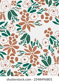 Platz für Text, Kopienraum von braunen ästhetischen Blumen Muster und Blätter auf weißem Hintergrund für Branding-Paket, Stoffdruck, Tapete, Social-Media-Post, doodle, Notizen, Buchumschläge, Wanddekoration.