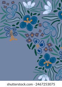Espacio para texto, espacio de copia de patrones de flores estéticas coloridas en azul y púrpura para presentación, paquete de marca, impresión de tela, Fondo de pantalla, redes sociales, garabato, notas, cubiertas de libros, decoración de la pared.