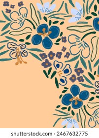 Space for text, copy space of Colorful aesthetic flowers patterns in blue and purple on nude background for branding,fabric print, wallpaper, social media post, doodle, notes, book covers, wall decor.