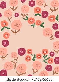Platz für Text, Kopienraum von bunten Blumen Muster auf rosafarbenem Hintergrund für Branding-Paket, Stoffdruck, Tapete, Social-Media-Post, Doodle, Noten, Buchumschläge, Wanddekor.