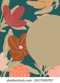 Space for text, copy space of colorful flowers patterns on green background for presentation, branding package, fabric print, wallpaper, social media post, doodle, notes, book covers, wall decor.