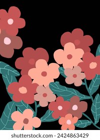 Space for text, copy space of Colorful flowers and leaves patterns on black background for branding package, fabric print, wallpaper, social media post, doodle, notes, book covers, wall decor.