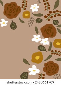Space for text, copy space of Colorful flowers and green leaves on brown background for branding package, fabric print, wallpaper, social media post, doodle, notes, book covers, wall decor.