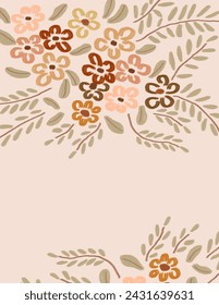 Space for text, copy space of colorful flowers patterns with green leaves on yellow background for branding, fabric print, wallpaper, social media post, doodle, notes, book covers, wall decor.