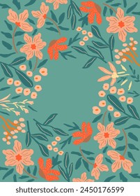 Space for text, copy space of Colorful flowers and leaves patterns on green background for branding, fabric print, wallpaper, social media post, doodle, notes, book covers, wall decor.