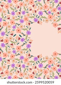 Space for text, copy space of colorful flowers and leaves patterns on pink background for web banner, fabric print, wallpaper, social media post, doodle, notes, book covers, wall decor 