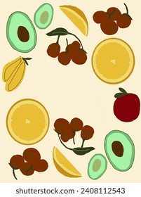 Space for text, copy space of Colorful fruits on white background for business presentation, branding package, fabric print, wallpaper, social media post, doodle, notes, book covers, wall decor.