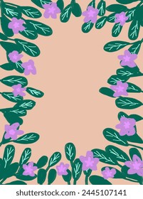 Space for text, copy space, floral frame for f Purple flowers patterns with leaves on beige background for branding, fabric print, wallpaper, social media post, doodle, notes, book covers, wall decor.