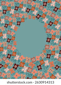 Platz für Text, Kopienraum, floraler Rahmen aus bunten Blumen und Blättern Muster auf grünem Hintergrund für Web-Banner, Stoffdruck, Tapete, Social-Media-Post, Doodle, Notizen, Buchumschläge, 
