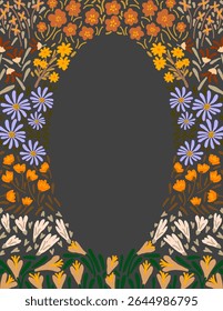 Space for text, copy space floral frame of colorful flowers and leaves patterns on grey background for fabric print, wallpaper, social media post, doodle, notes, book covers, wall decor