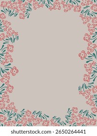 Espacio para texto, espacio de copia de marco floral de flores rojas con patrones de hojas sobre fondo de color desnudo para la marca, impresión de tela, Fondo de pantalla, publicación de redes sociales, doodle, notas, cubiertas de libros