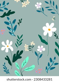 Space for text, copy space of flowers and leaves pattern on green background, illustrations vector, aesthetic for wallpaper, wall decor, templates covers, art prints. Aesthetic