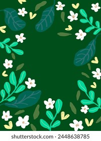 Platz für Text, Platz für Blumen kopieren und Muster auf grünem Hintergrund für Branding, Stoffdruck, Bildschirmhintergrund, Social Media Post, Doodle, Notizen, Buchumschläge, Wanddekor.