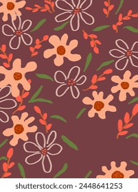 Espacio para texto, espacio de copia de flores y hojas de patrones en el fondo púrpura para la marca, impresión de tela, Fondo de pantalla, publicación de redes sociales, garabato, notas, cubiertas de libro, decoración de la pared.