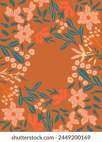 Space for text, copy space of flowers and leaves patterns on orange background for branding, fabric print, wallpaper, social media post, doodle, notes, book covers, wall decor.