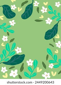 Space for text, copy space of flowers and leaves patterns on green background for branding, fabric print, wallpaper, social media post, doodle, notes, book covers, wall decor.