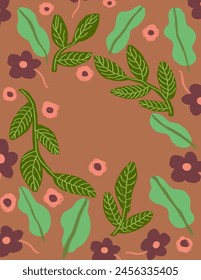 Space for text, copy space of flowers and leaves patterns on brown background for presentation, branding package, fabric print, wallpaper, social media post, doodle, notes, book covers, wall decor.
