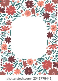 Espaço para texto, espaço de cópia, quadro de flores coloridas e folhas padrão no fundo branco, ilustrações vetor, estética para papel de parede, decoração de parede, capas de modelos, impressões de arte. Estética