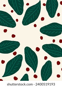 Space for text, copy space of green leaves and red dots for web banner, business presentation, branding package, fabric print, wallpaper, social media post, doodle, notes, book covers, wall decor.