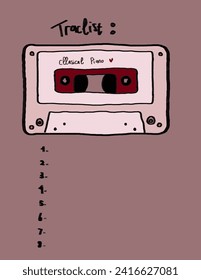 Space for text, copy space, lists of cassette on purple background for business presentation, branding package, fabric print, wallpaper, social media post, doodle, notes, book covers, wall decor.