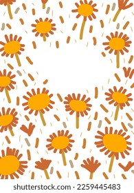 Space for text, copy space of Orange flowers patterns with the leaves on white background. illustrations, vector aesthetic for wallpaper, wall decor, templates covers, art prints