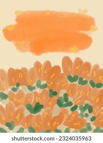 Textraum, Kopienraum mit orangefarbenen Blumen und Laubmustern, Aquarellfarben für Tapeten, Tapeten, Vorlagenüberzüge, Kunstdrucke
