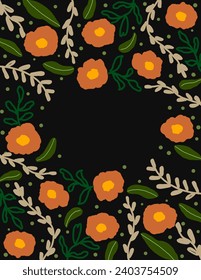 Space for text, copy space of orange flowers patterns on black background for branding package, fabric print, wallpaper, social media post, doodle, notes, book covers, wall decor.