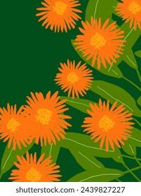 Platz für Text, Kopierraum von orangefarbenen Blumenmustern und Blättern auf grünem Hintergrund für Branding, Stoffdruck, Tapeten, Social Media Post, Doodle, Notizen, Buchumschläge, Wanddekor.