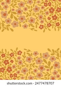 Platz für Text, Platz für Orangenblumen kopieren und Muster auf gelbem Hintergrund für Banner, Branding-Paket, Stoffdruck, Bildschirmhintergrund, Social Media Post, Doodle, Notizen, Bucheinbände, Wanddekor.