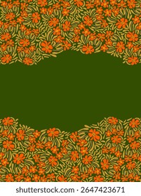Espacio para texto, espacio de copia de flores y hojas naranjas patrones sobre fondo verde para el Anuncio de Web, paquete de marca, impresión de tela, Fondo de pantalla, publicación de redes sociales, doodle, notas, cubiertas de libros, pared
